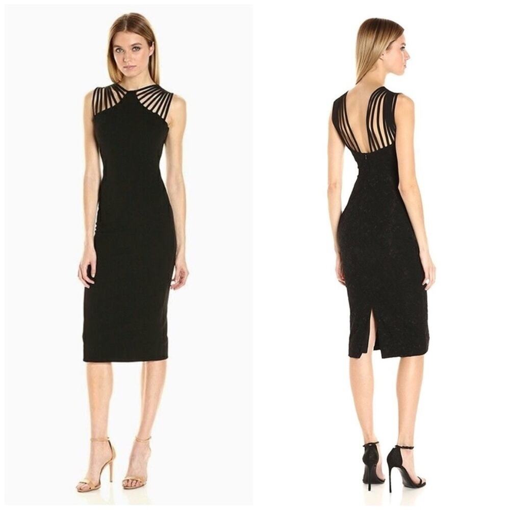 NEW Dress the Population Gwen Midi Dress Womens XS Black Strappy Bodycon